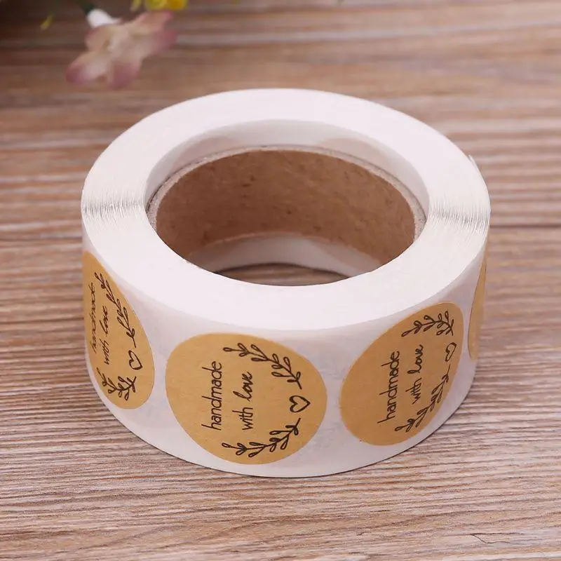 HX6D 500pcs Natural Handmade With Love Kraft Paper Stickers Round Adhesive Labels