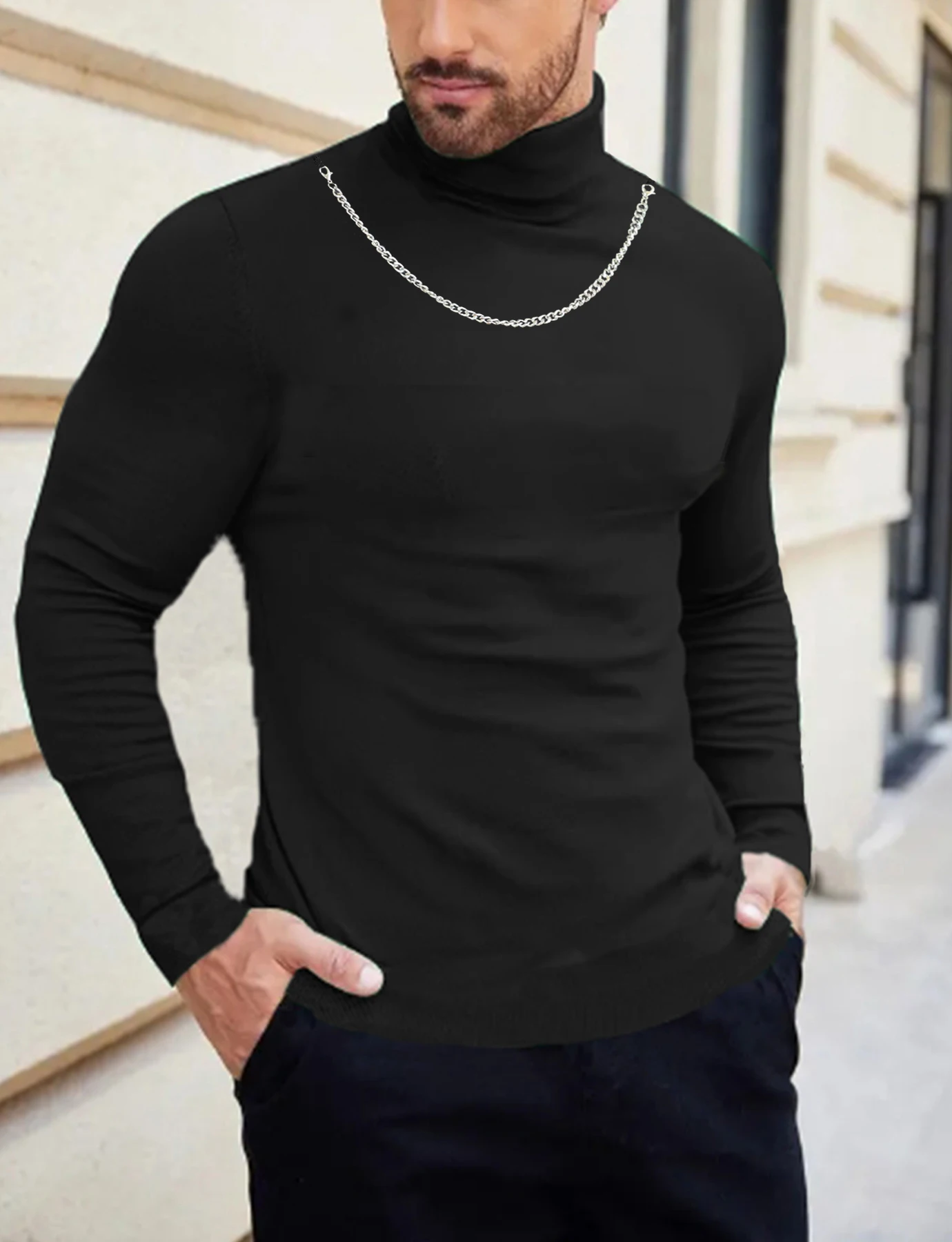 New detachable chain men's fashion turtleneck sweater slim-fit fleece pullover long-sleeved all-in-one casual men's sweater