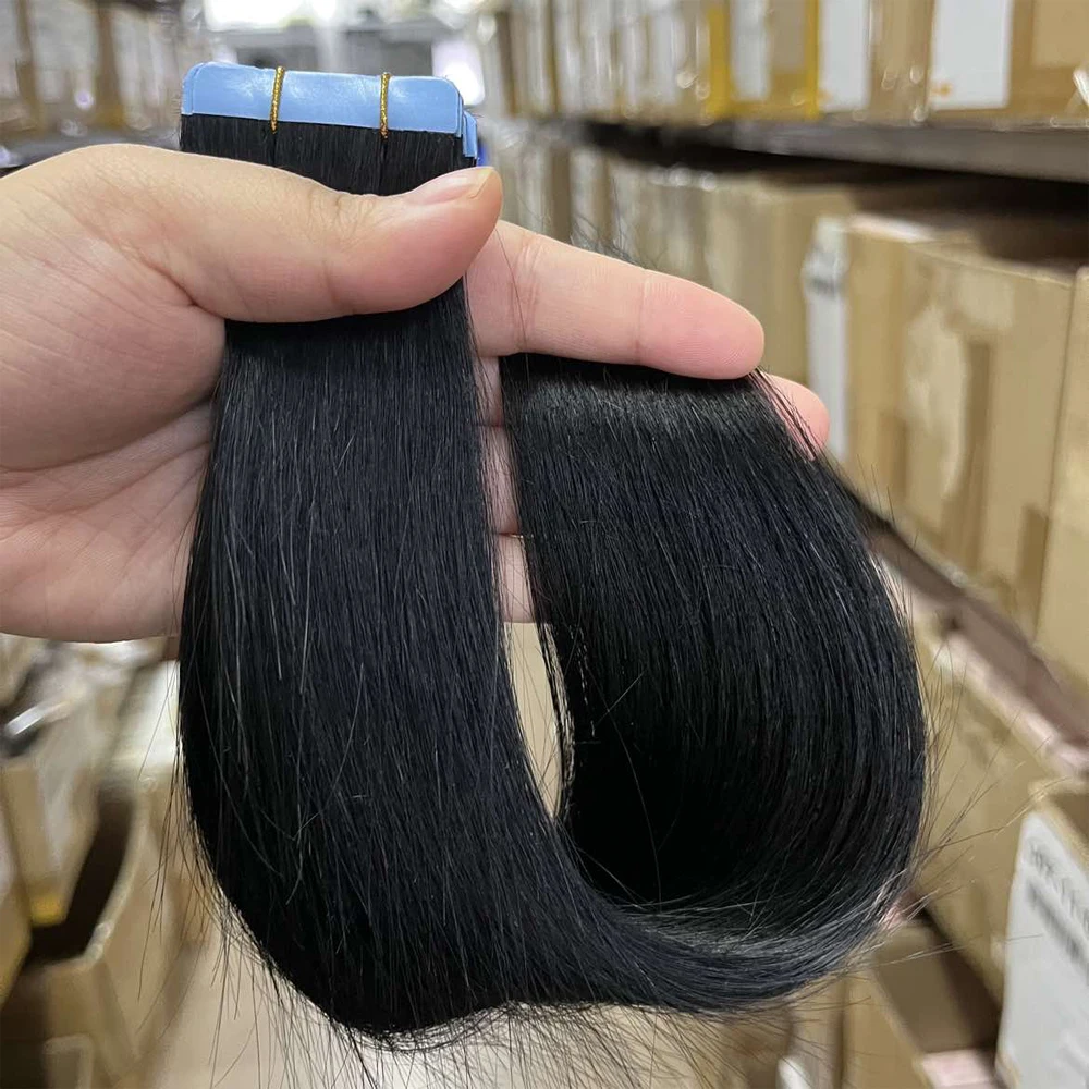 01 # شريط مستقيم أسود نفاث في وصلات الشعر لحمة الجلد آلة الشعر البرازيلي ريمي 100٪ شعر مستعار بشري #1