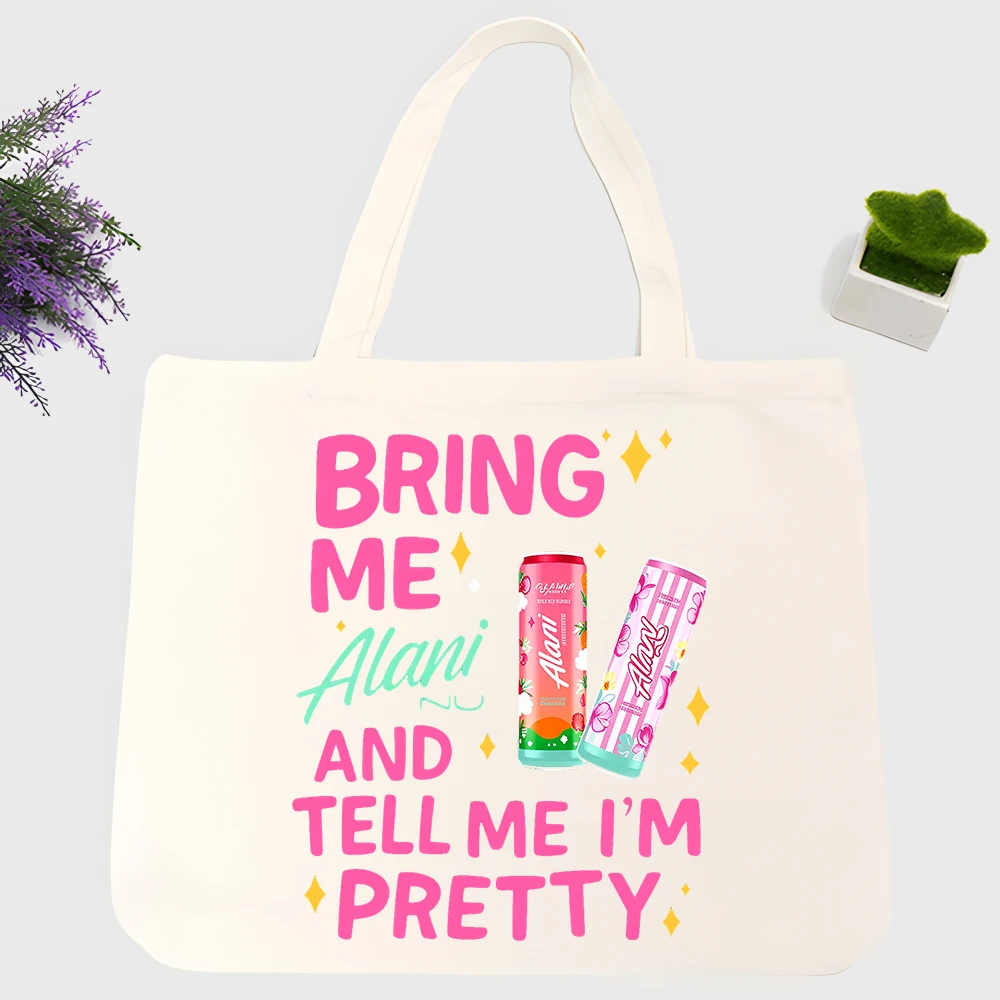 Women's letter print canvas tote bag with beverage-inspired graphic, casual style for daily shopping and summer outings