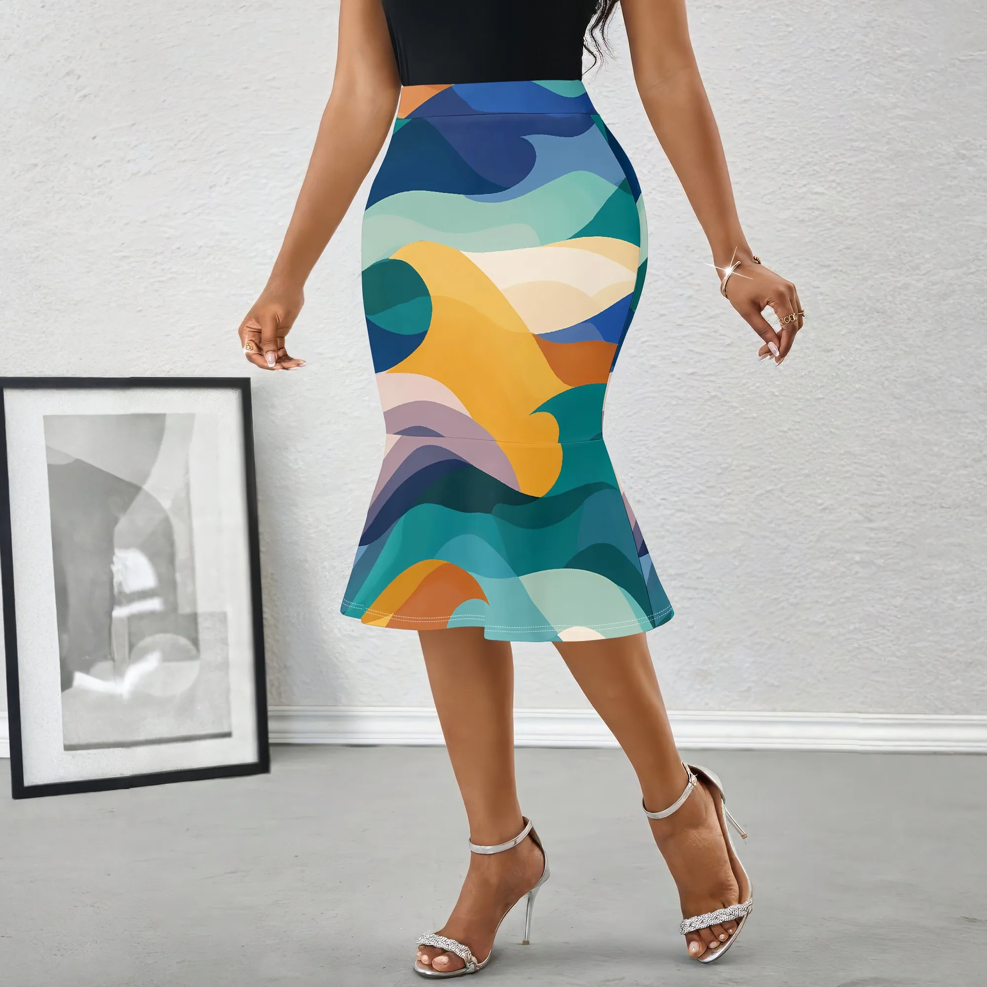 Abstract Waves Print Pencil Skirt, Retro Color Block Midi Skirt, High Waist Bodycon Skirt for Women, Office Party Wear, S-2XL