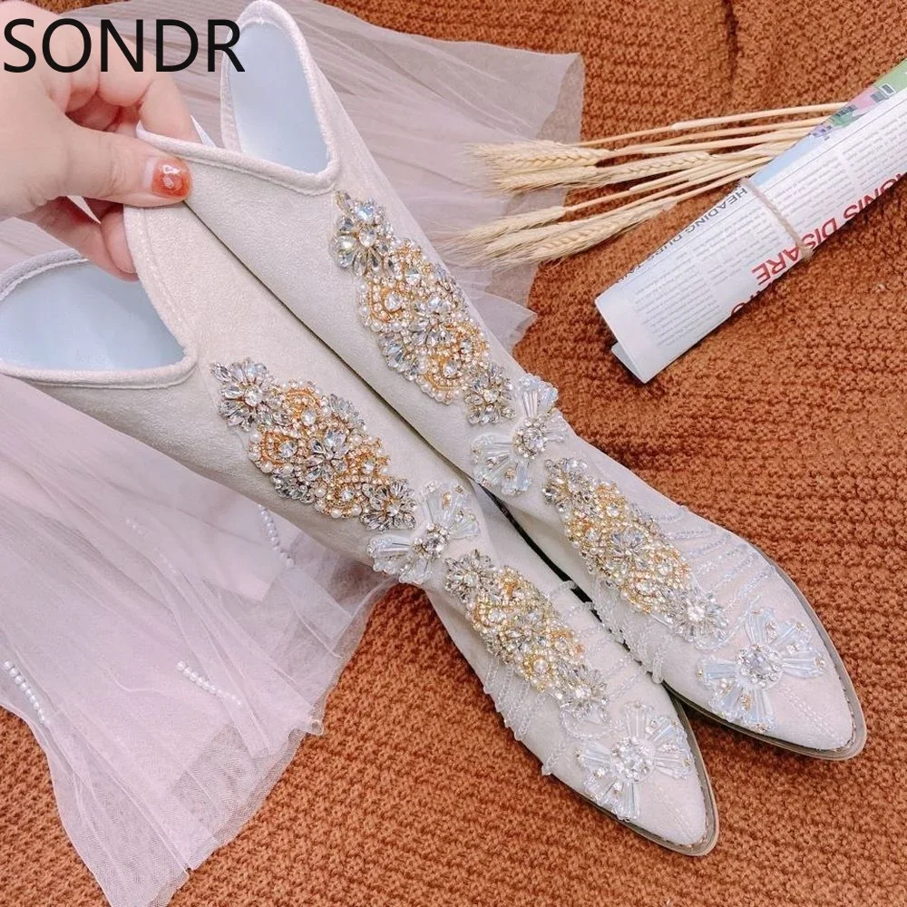 Womens Pointed Toe Rhinestones Diamond Pearls Tassels DIY Bling Knee Thigh Boots Block Heel Shoes X-mas Gift Sweet Girls Luxury