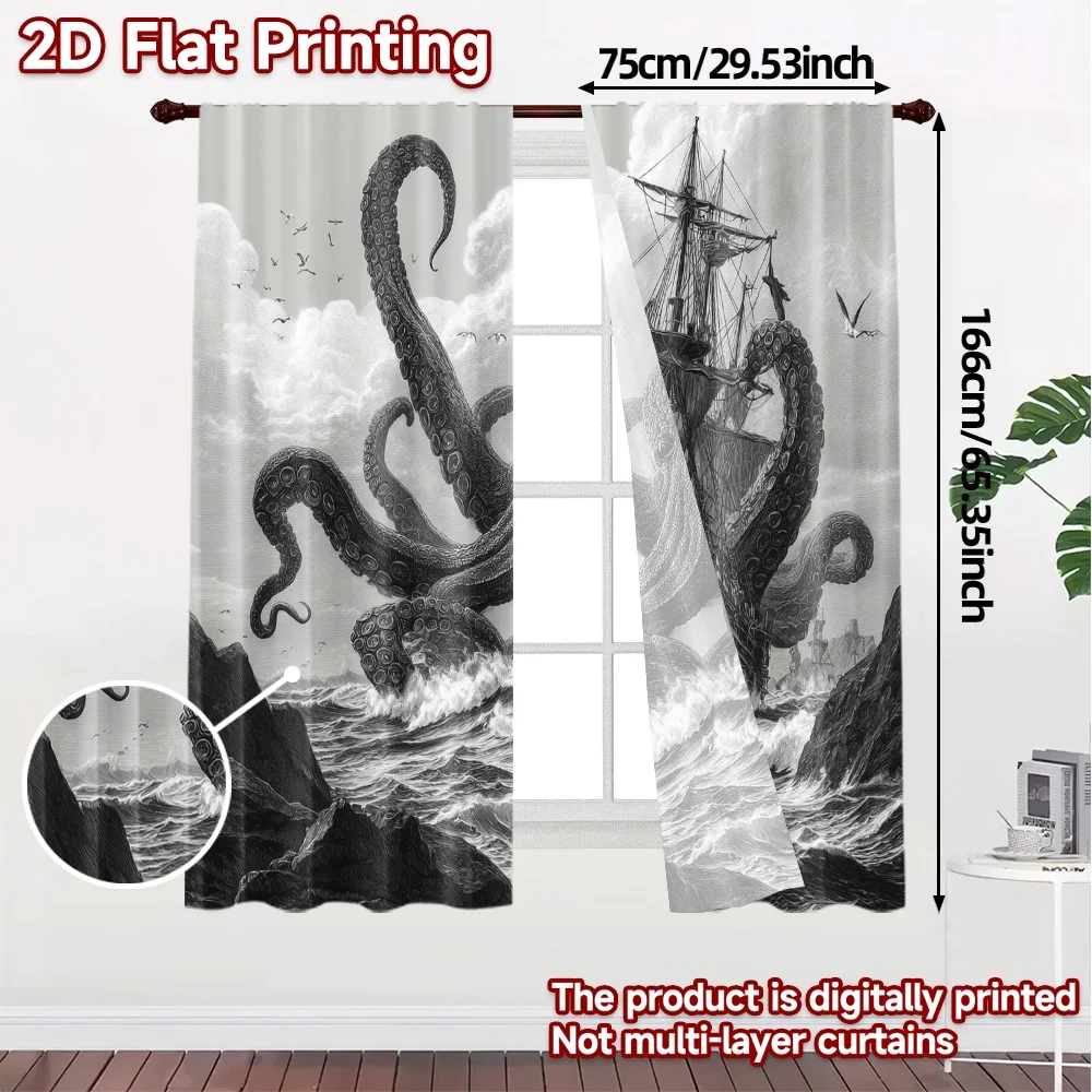 2pcs, 2D FLAT PRINTING Curtains (Without Rod) Krakens Wrath Modern Modern Curtains Polyester Easy Install Curtains Room Decor