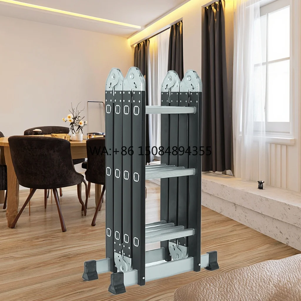 12-Step Lightweight Folding Aluminum Multi-Function Stairs & Ladder 4*3 with Safety Platform & Telescopic Design Modern Style