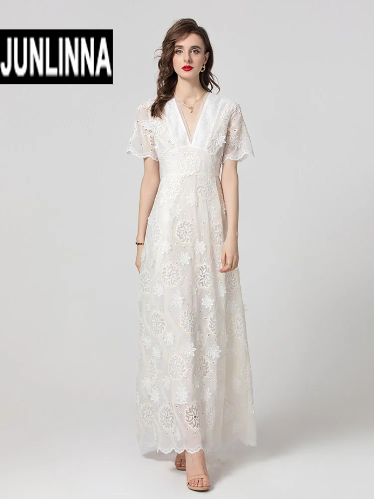 

JUNLINNA Fashion Runway Women Max Long Dress V Neck Short Sleeve Solid Colour Embroidery Vestidos Party Evening Elegant Lady