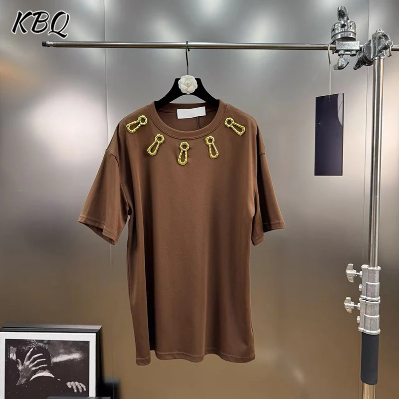 

KBQ Solid Spliced Metal Loose Casual T Shirts for Women Round Neck Short Sleeve Minimalist Tops Female Fashion Style Autumn New