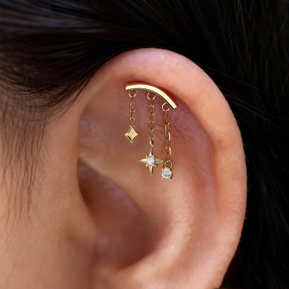 Star Moon Chain Tassel Stud Earrings Shiny for Woman Piercing Earring Fashion Dainty Luxury Style Fine Jewelry