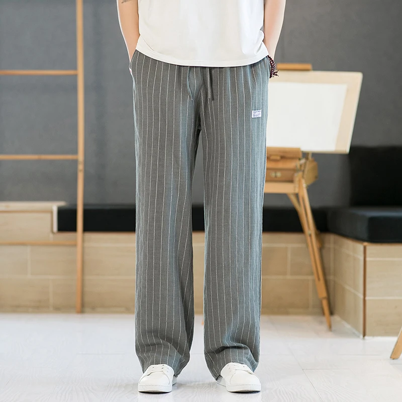 

Retro Striped Linen Wide Leg Pants Men's Casual Cotton Linen Straight Loose Summer Long Trousers Comfortable Breathable
