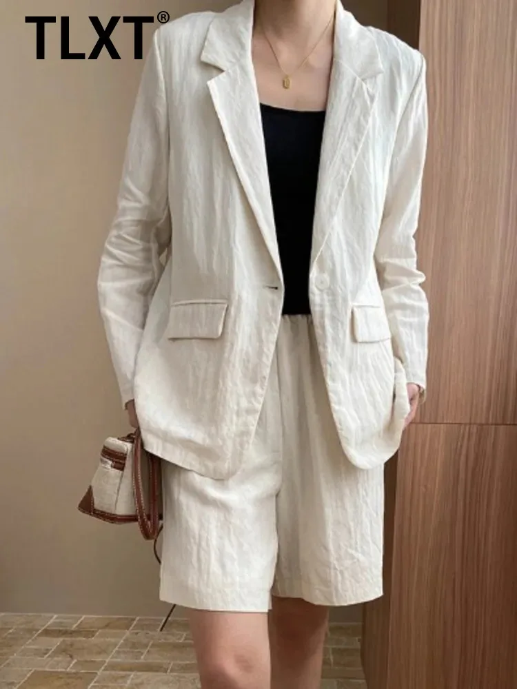 

TLXT Элегантный женский льняной пиджак с лацканами на одной пуговице и длинными рукавами, короткие брюки с высокой талией, женские летние 2023, новинка XK1267