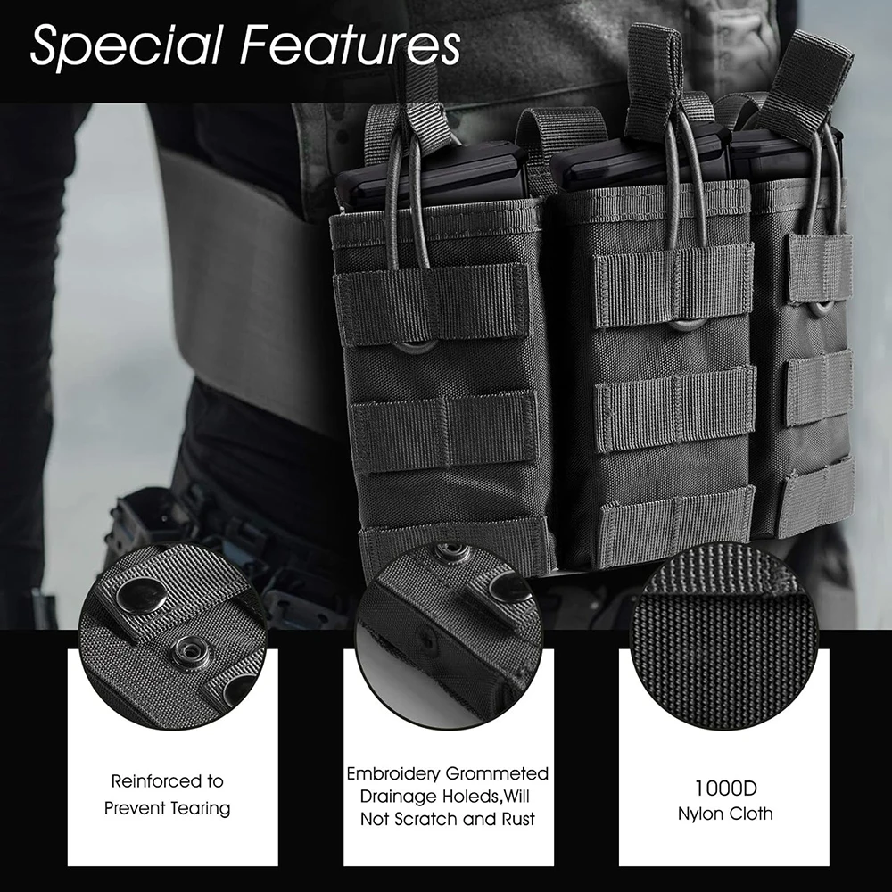 Tactical Molle Magazine Pouch Open-Top Triple Stacker Mag Bag 5.56 7.62 Mag Pouch Rifle Mag Holder Carrier for M4 M14 M16 AR15