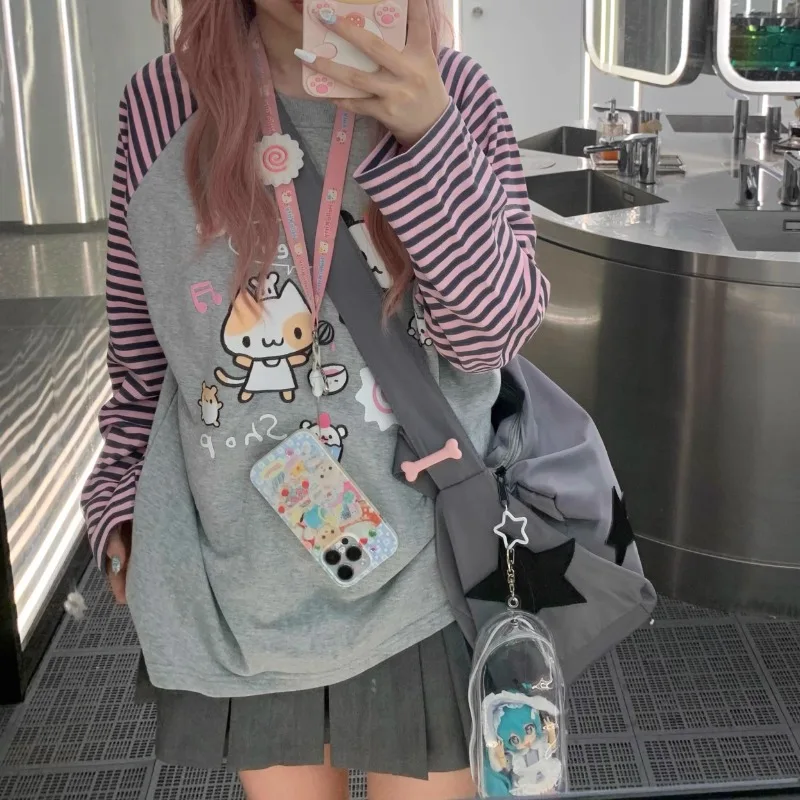 Grey Pink Striped Panda Print Long Sleeve Shirts Y2k Cartoon Japanese Harajuku Kawaii Loose Hoodie Women Spring New Tees