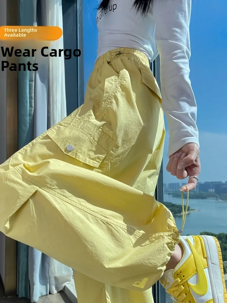 Qui Dry Work Trousers Women's Spring Autumn New Wide Leg Casual Paratrooper High Waist Sports Pants Trendy Cargo Pants