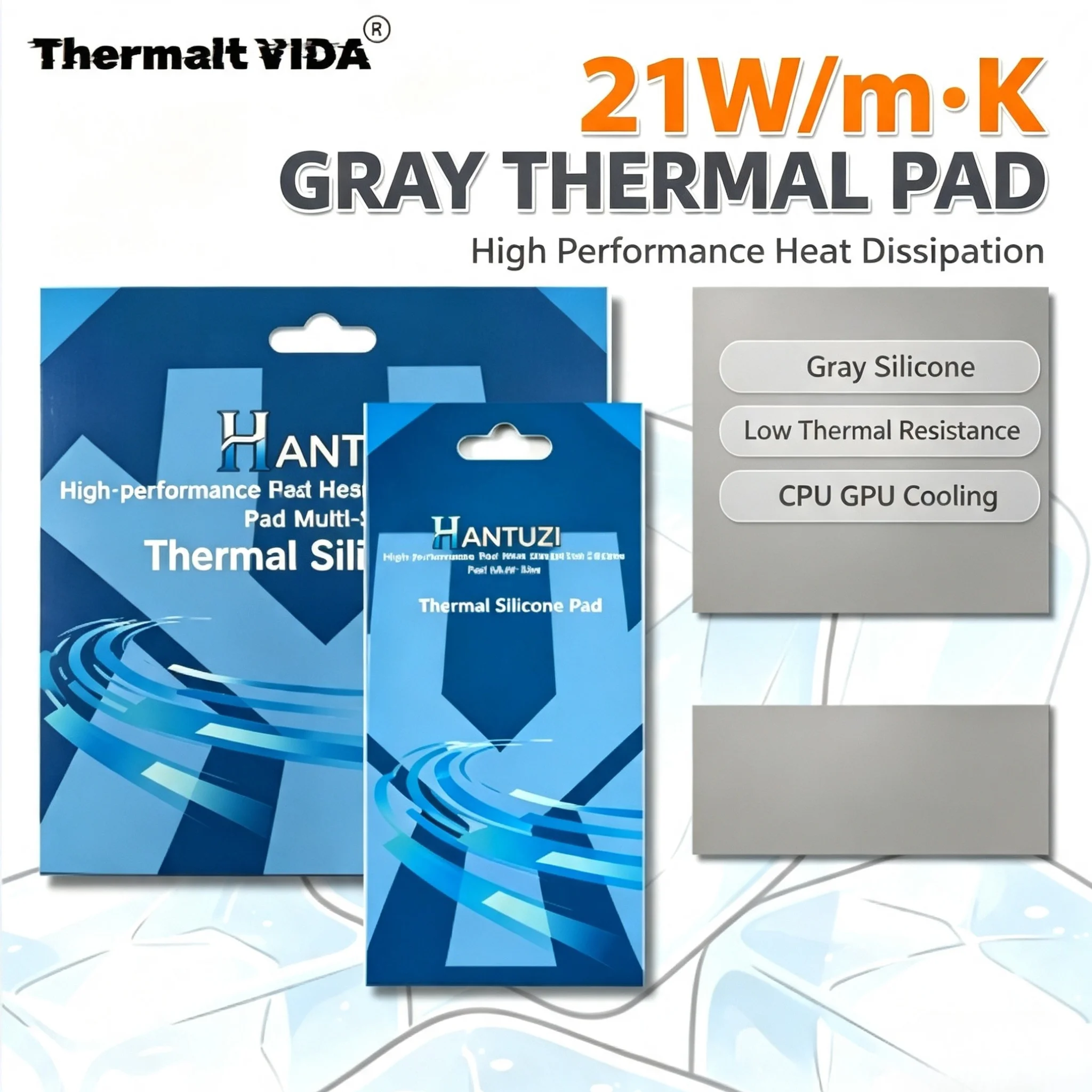 Thermalt VIDA 21W/mk 0.5/1.0/1.5mm Coussin thermique conducteur en silicone pour refroidissement de GPU et CPU, haute qualité, original et authentique.