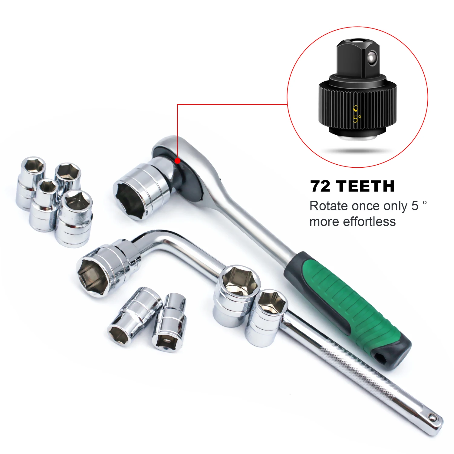 13-Piece Drive Deep Impact Socket Set,Includes ratchet wrench,1/2 Bent Rod, 1/2Ratchet 6 Point 8-27mm and Green Storage Box