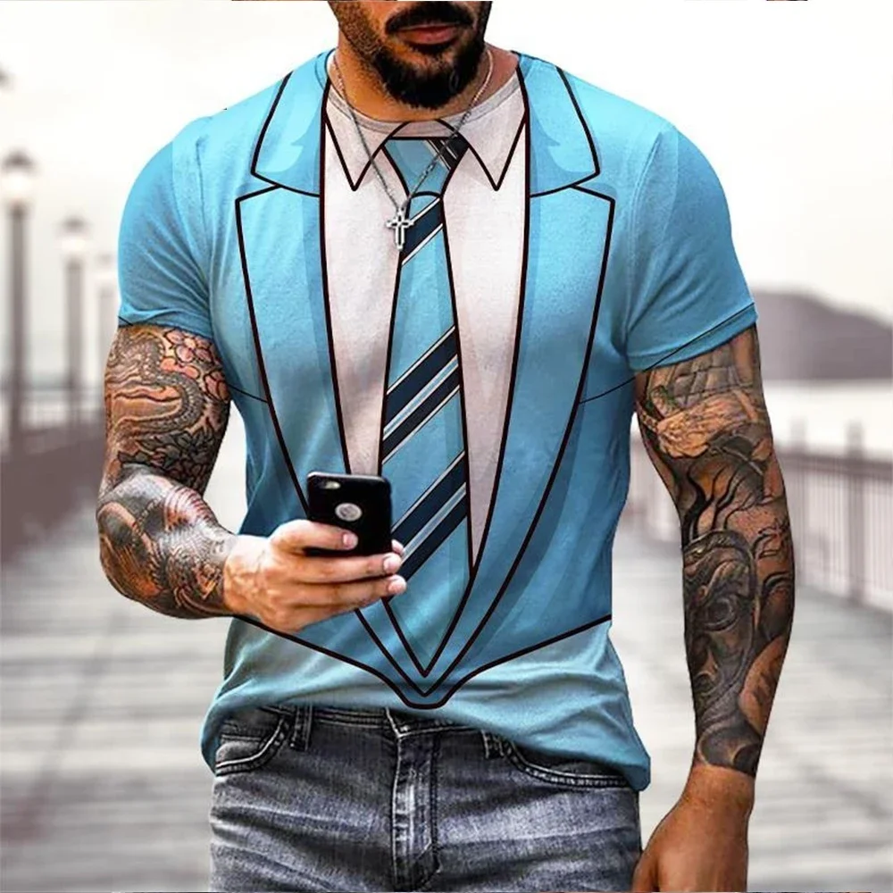 

3D Print Sport Quick-dry Breathable Men T-shirt Fun Tie Fake Suit Outdoor Street Casual Fashion Short-sleeve Summer Top Clothing