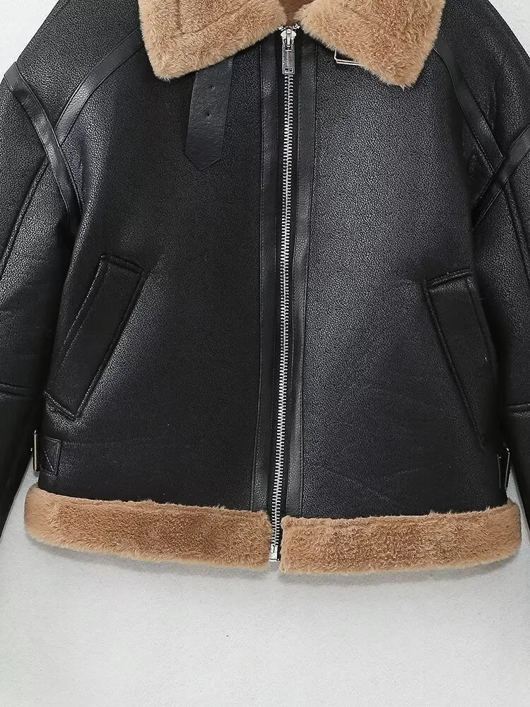 2025 Winter New Women's Casual Fashion Simple Versatile Reversible Short Collar Long Sleeve Jacket Leather Coat