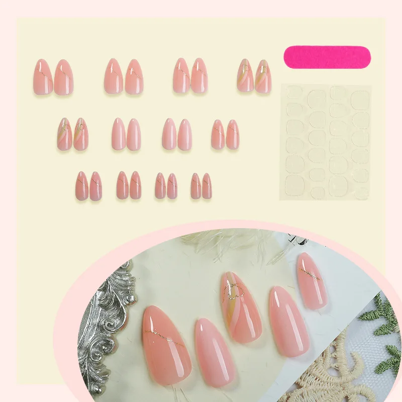 24pcs Pink Glitter Golden Line Love Press on Nails Manicure Wearable Nail for Women and Girls False Nail