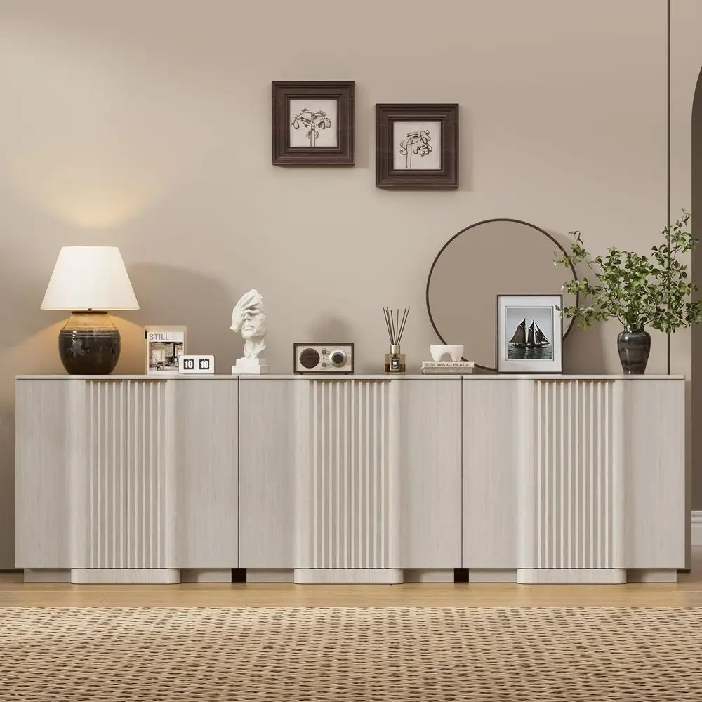 Buffet Cabinet, 94.5 Modern Farmhouse Accent Sideboard Cabinet with 6 Doors, Wood Fluted Credenza for Living Room and Kitchen,