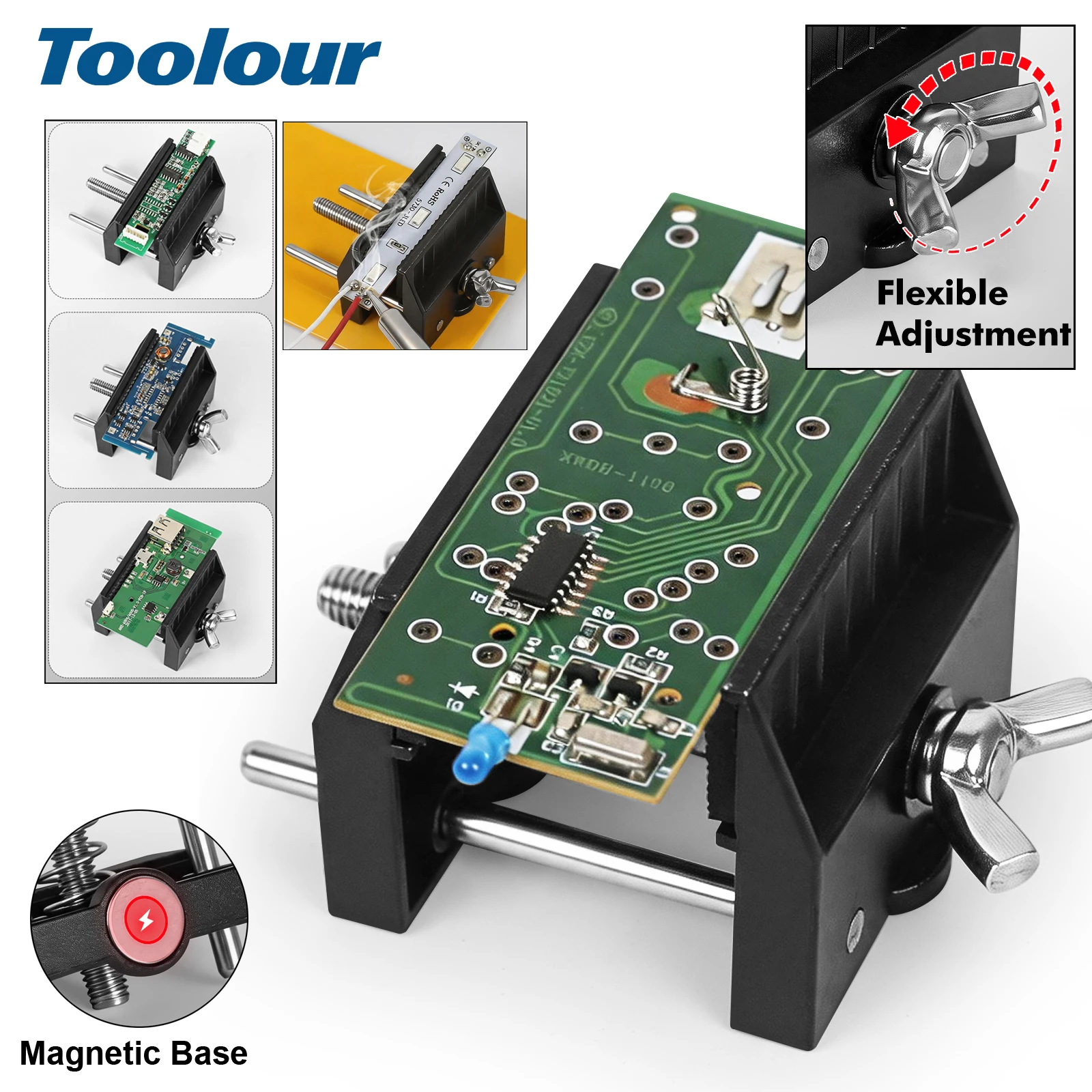 Toolour Adjustable PCB Holder with Magnetic Base Soldering Third Hand Helping Hands Multifunctional Clip for Soldering/DIY