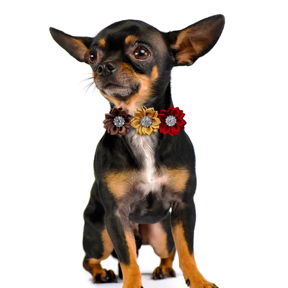 20/40PCS Flower Dog Collars Autumn Diamonds Pet Dog Bow Ties Adjustable Small Cat Necklaces Pet Grooming Accessories For Dogs
