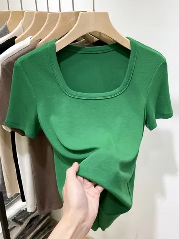 Cseta de manga corta ajustada para mujer, Top de moda de verano acanalado con cuello cuad, Top informal básico con cue...