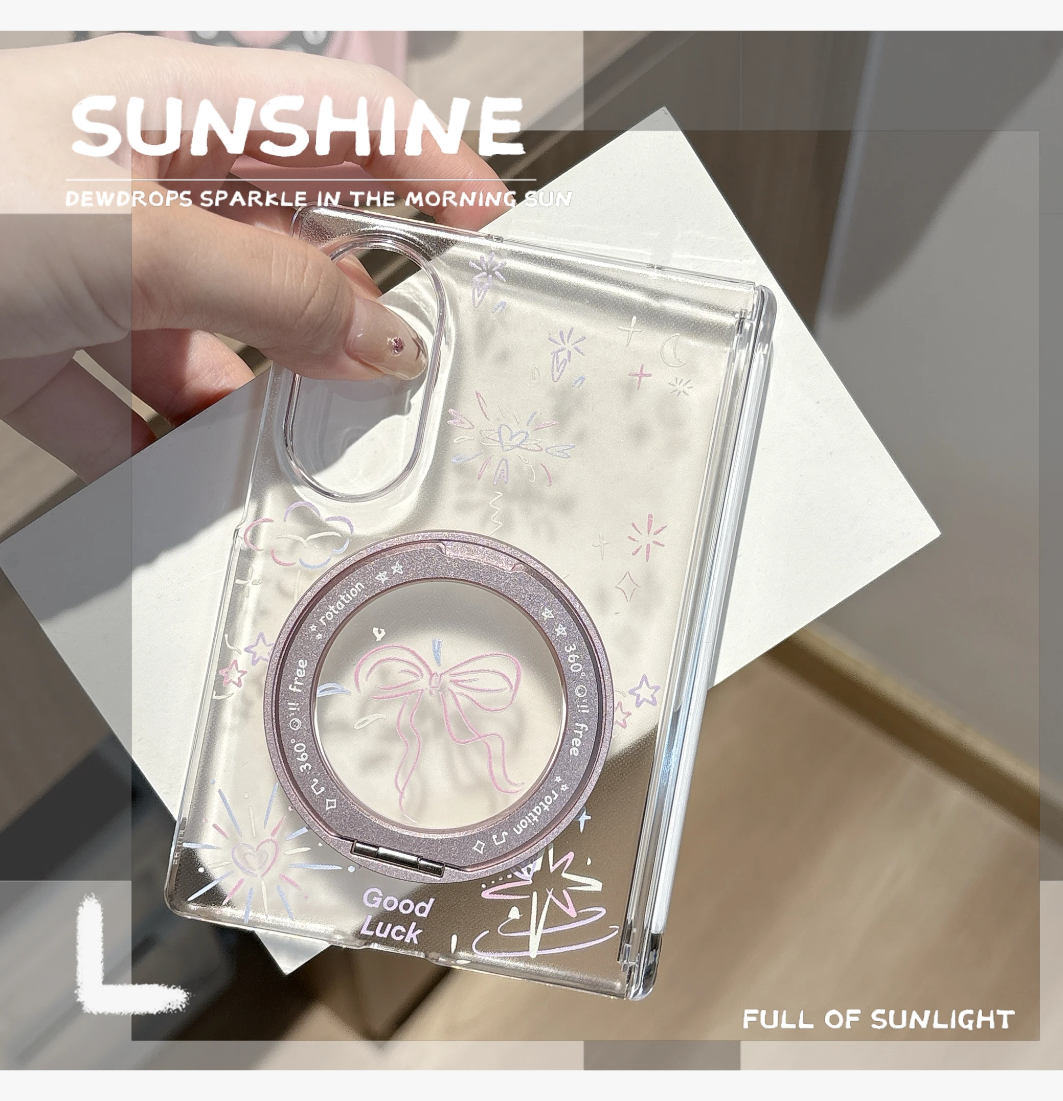 Korean Style Star Moon Bow Doodle Magnetic Clear Phone Case For Samsung Galaxy Z Fold 8 7 6 5 With 360 Rotatable Magnetic Stand