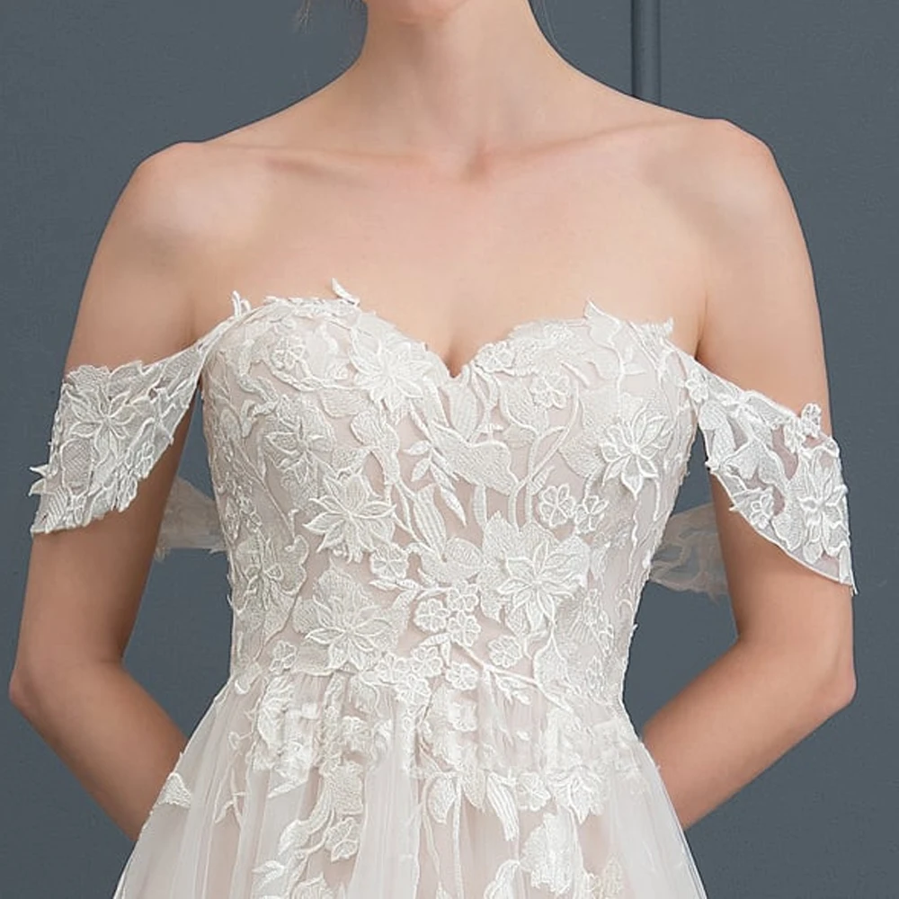 Vestidos de novia personalizados con mangas y hombros descubiertos, línea A, escote en forma de corazón, apliques con cordones, sin espalda, cola de barrido, Vestido de novia