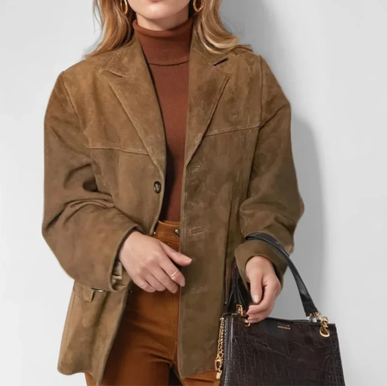 

2025 Autumn Winter Women's Suede Jacket, Lapel Collar Single Breasted Short Coat with Pockets Casual Long Sleeve Street Overcoat