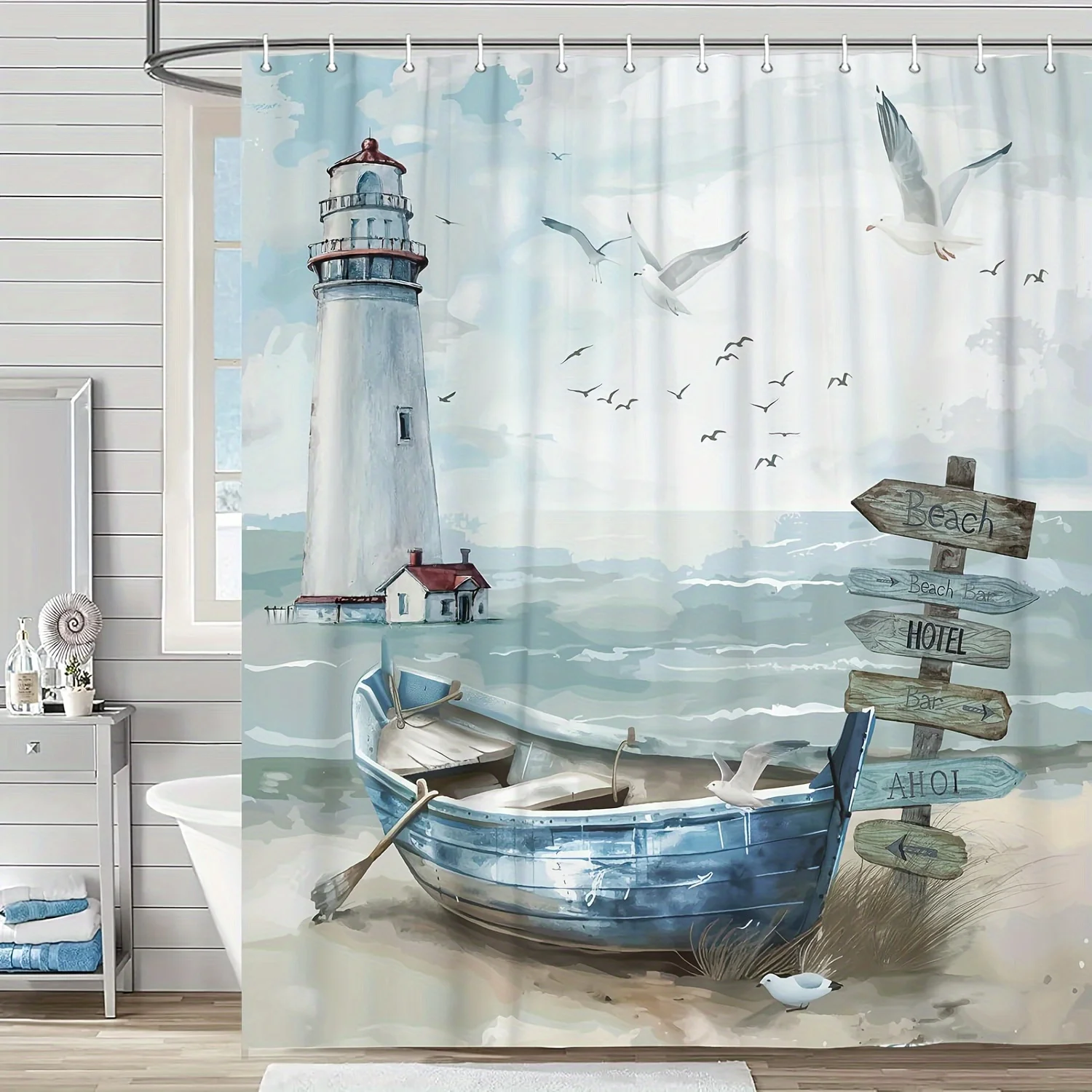 Nautical Coastal Shower Curtain, Ocean Beach Lighthouse Shower Curtain Set, Sea Sides Sailboat Coastal Blue Teal Decor
