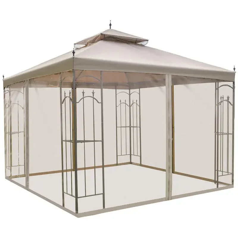 

10' x 10' Steel Outdoor Patio Gazebo Canopy with Removable Mesh Curtains, Display Shelves, & Steel Frame, Brown