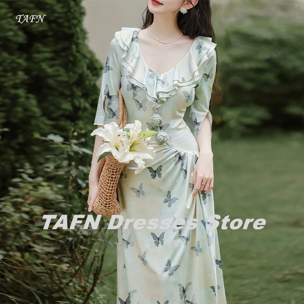 

TAFN Floral Dresses V-Neck Ruffle Half Sleeves Evening Party Dresses A-line Butterfly Printed Prom Gown Photo Shoot Custom Made