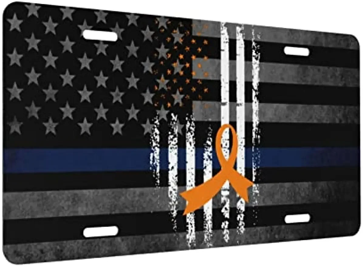 Leukemia Cancer Awareness America Flag Orange Ribbon Personalized License Plate Metal Aluminum Fit US Vehicle Standard 6 X 12 in