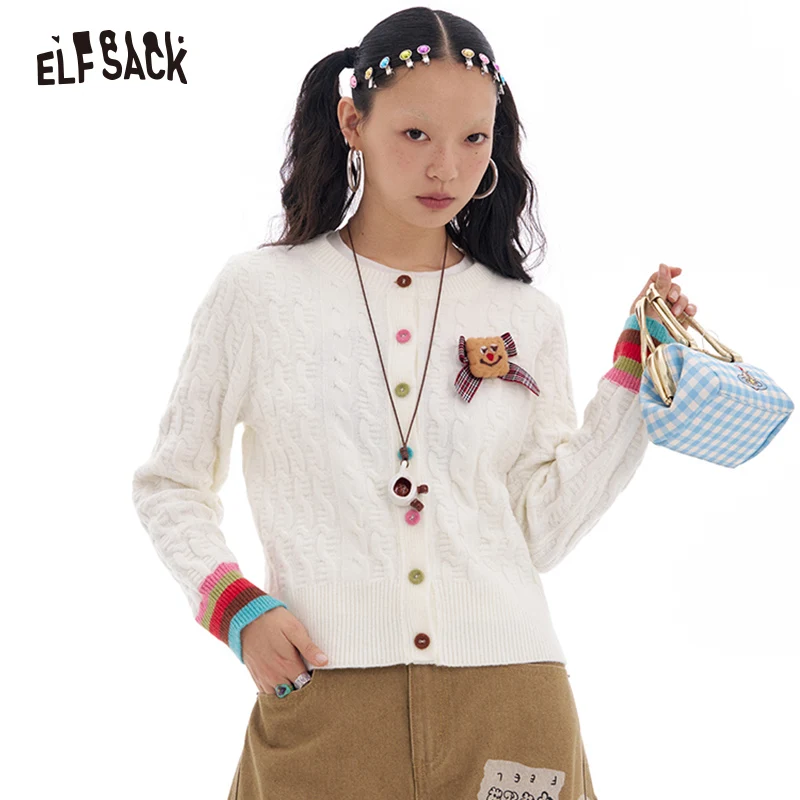 

ELFSACK 2025 Spring New Arrivals Sweet White Cable Knit Cardigan Sweater Women Fashion Preppy Style Korean Outerwear