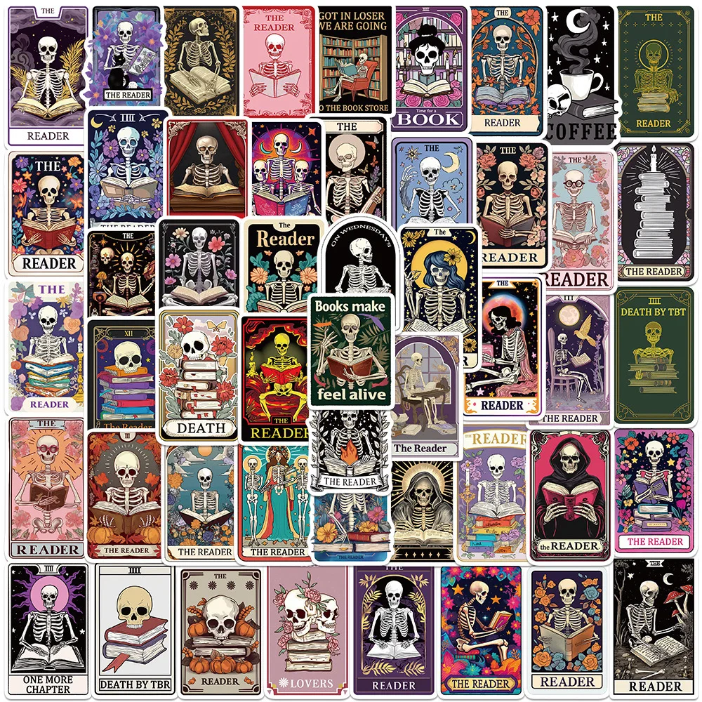 10/50PCS Cool Dark Romance Skull Book Reading Tarot Card Stickers Kindle Aesthetic Scrapbook Fridge Luggage Laptop Phone Sticker