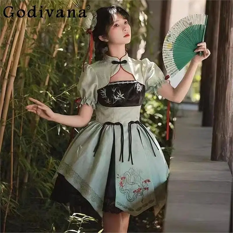 中国風要素ロリータドレスセット女性刺繍 Cos 古代スタイルドレス女の子夏半袖新しいコスプレドレス