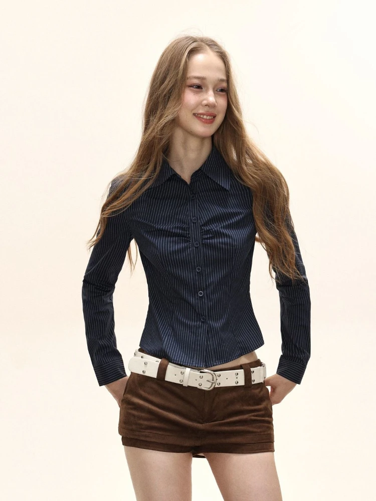 Deeptown Blue Striped Crop Shirts Women Vintage Elegant Long Sleeve American Style Blouses Slim  Aesthetic Old Money Office Lady