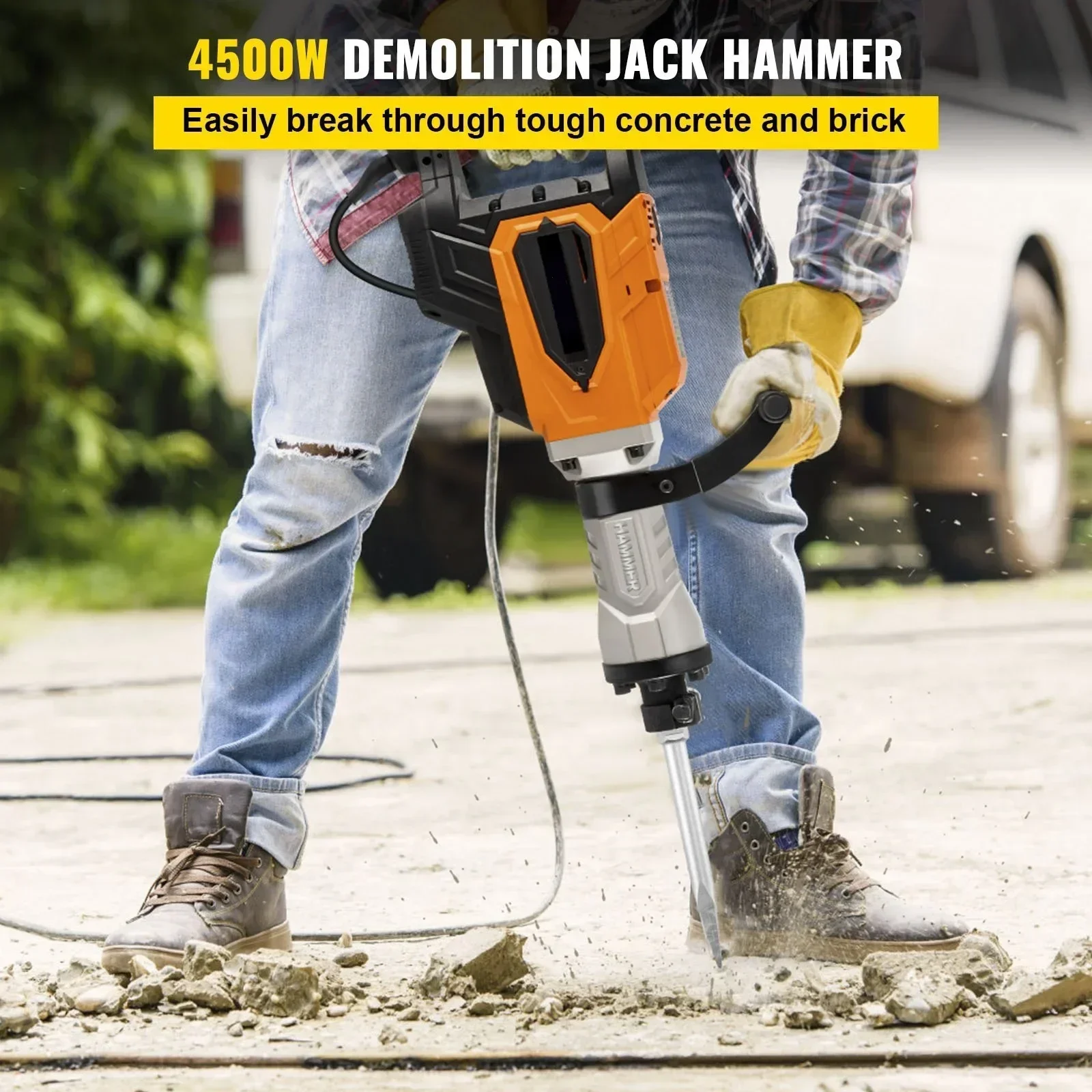 Demolition Jack Hammer, 4500W 1800BPM, 1-1/8' Hex Heavy Duty Concrete Breaker Chisel Industrial Electric Jackhammer