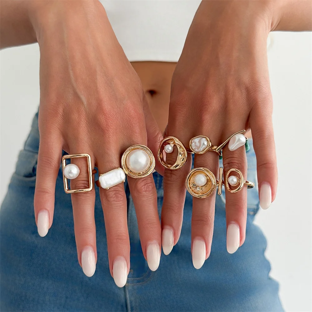 8Pcs/Set Fashion Gold Color Irregular Geometric Open Rings For Women Vintage Imitation pearls Metal Knuckle Joint Ring Jewelry