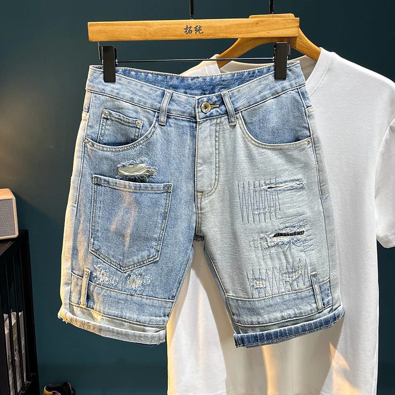 

TC259 High Street summer new denim shorts men's tide fashion hundred elastic Slim splicing embroidery patch trousers