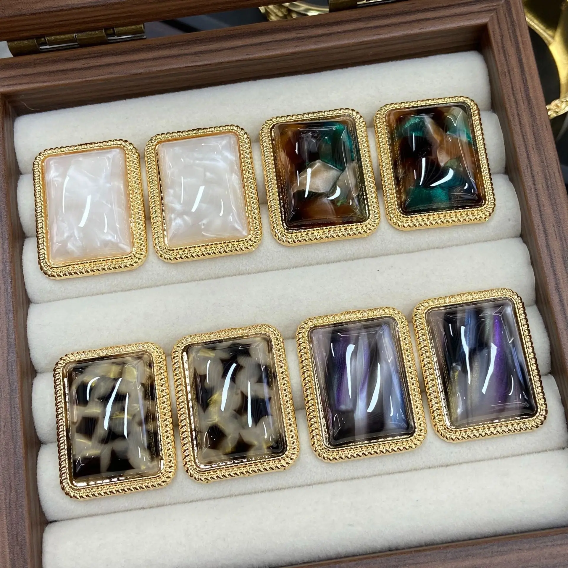 Geometric Rectangle Marbled Resin Stud Earrings Gold Plated Metal Vintage Statement Earrings for Women Daily Wear Jewelry
