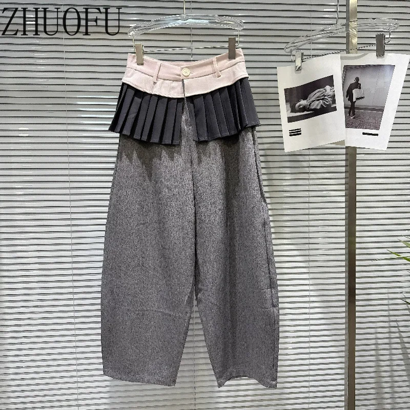 Women Fake Two‑Piece Harem Pants Pleated Skirts Design High Waist Y2k Gray Loose Casual Trousers Preppy Style Streetwear New