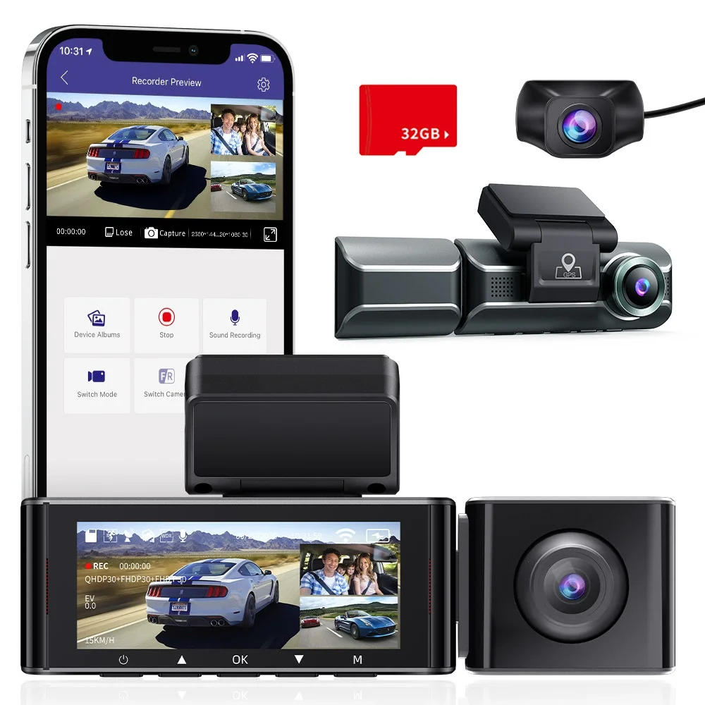 AZDOME Driving Recorder Three Lens Recorder 2K+1080P+1080P Built-in WIFI GPS Car Trajectory