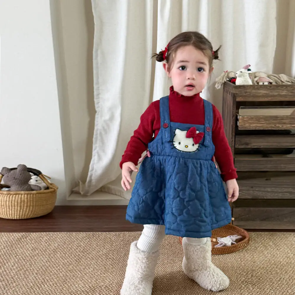 سانريو مرحبا كيتي ملابس الفتيات فستان الخريف/الشتاء جديد لطيف أنيق الطفل القطن مبطن حزام الكتف تنورة الأميرة تنورة