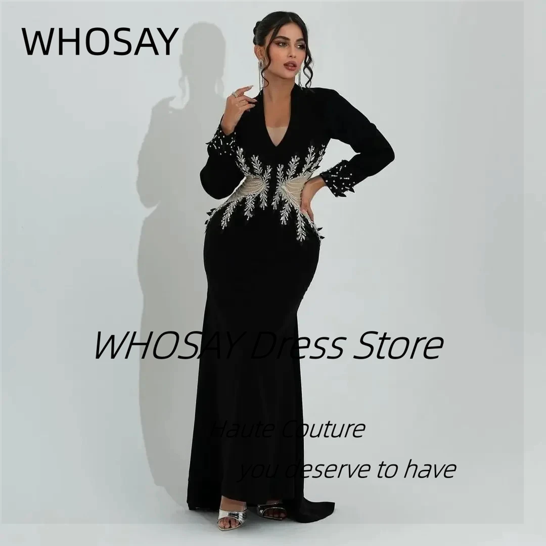 WHOSAY المملكة العربية السعودية فساتين سهرة سوداء للنساء برقبة على شكل V مطرز بالخرز وأكمام طويلة فستان للحفلات الراقصة بسحاب خلفي مخصص للحفلات