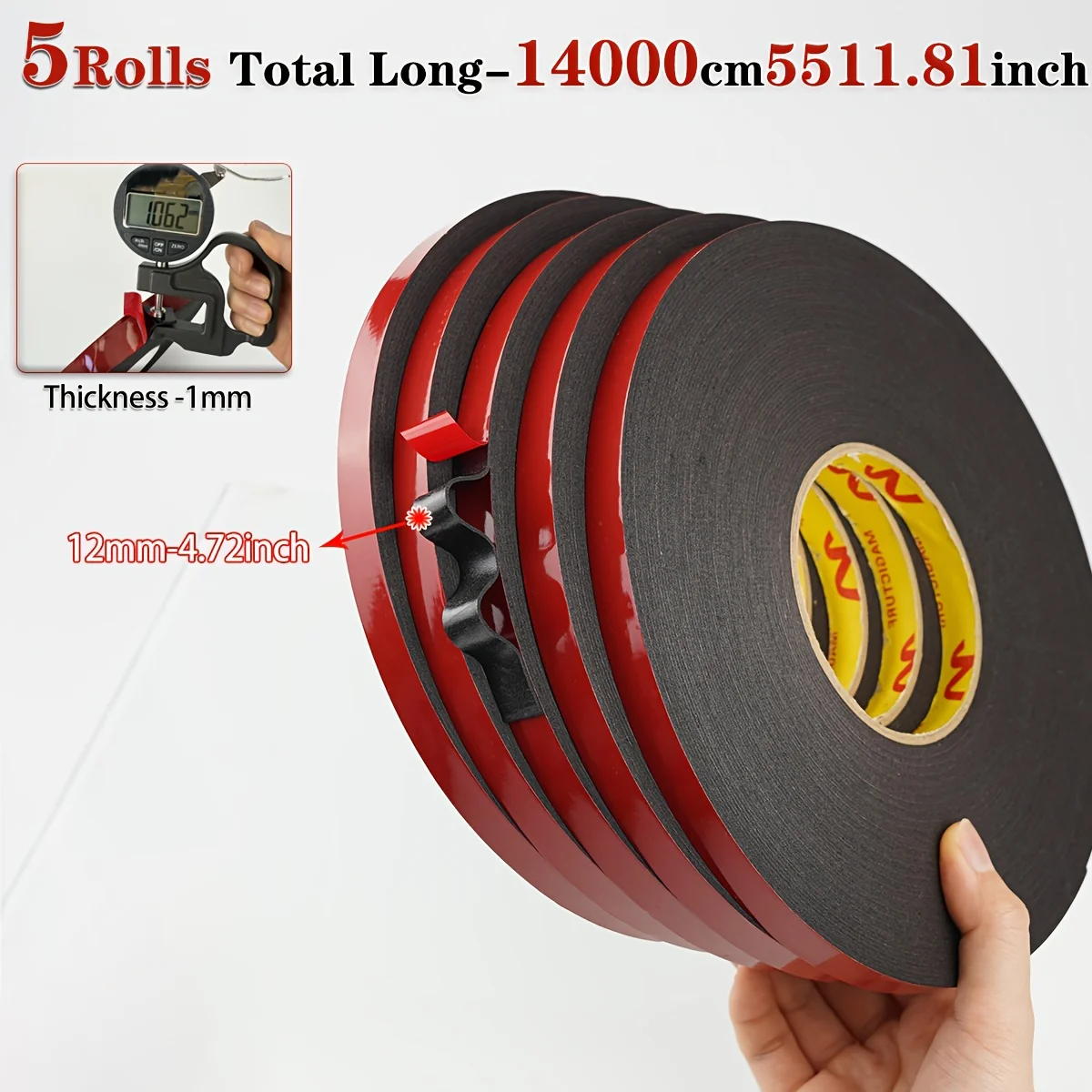 5Pcs Strong Double Sided PE Tape Roll, Self-Adhesive No Residue, Heavy Duty Mounting Tape for Car Home Office