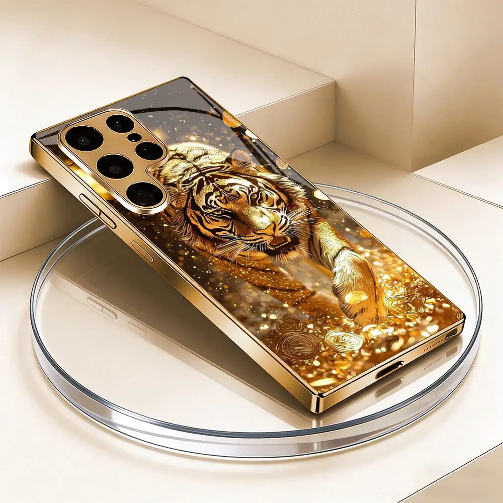 Luxury Golden Tige Phone case for Samsung  GalaxyS26 25 24 23 22 21 Plus Ultra FE Anti-drop Cover Electroplated Full Protective