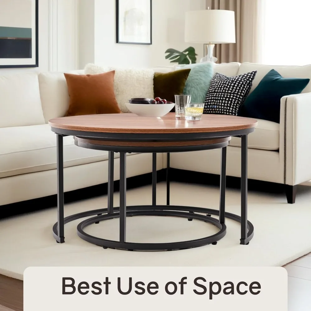 مجموعة طاولات متداخلة مكونة من 2، طاولة قهوة مستديرة 31.5، طاولة قهوة صغيرة متداخلة مع رسوم قابلة للتعديل غير قابلة للانزلاق، سطح من الخشب المحبب