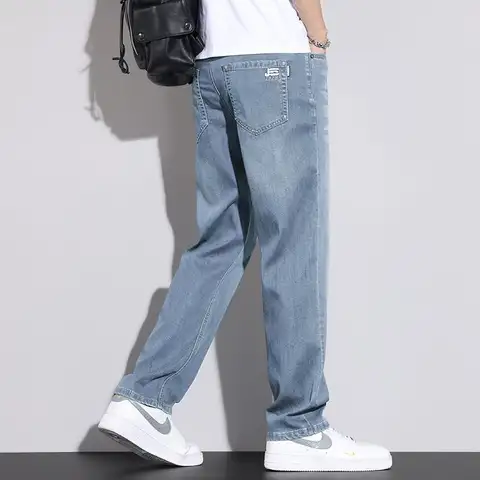 봄여름 남성용 얇은 텐셀 청바지, 일자핏 루즈하고 편안한 비즈니스 라이트 컬러 캐주얼, 고급 팬츠