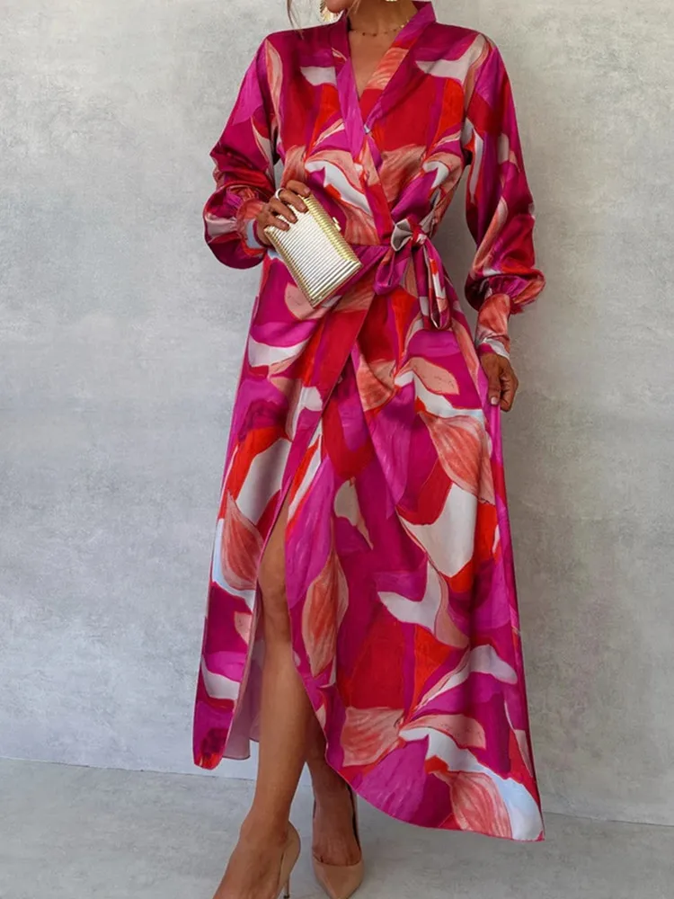 

SKMY 2025 Autumn New Long Sleeve Dress Fashion Printed V-Neck Lace-Up Sexy Split Long Dresses Clothes For Women Party Clubwear