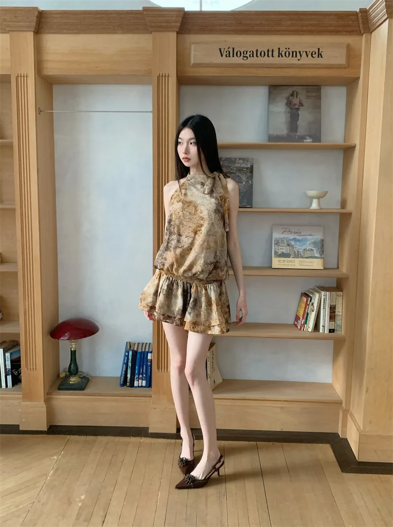 Francês retro tie-accented chique halter babados em camadas mini bolo vestido para mulheres verão casual praia férias-estilo a linha vestido